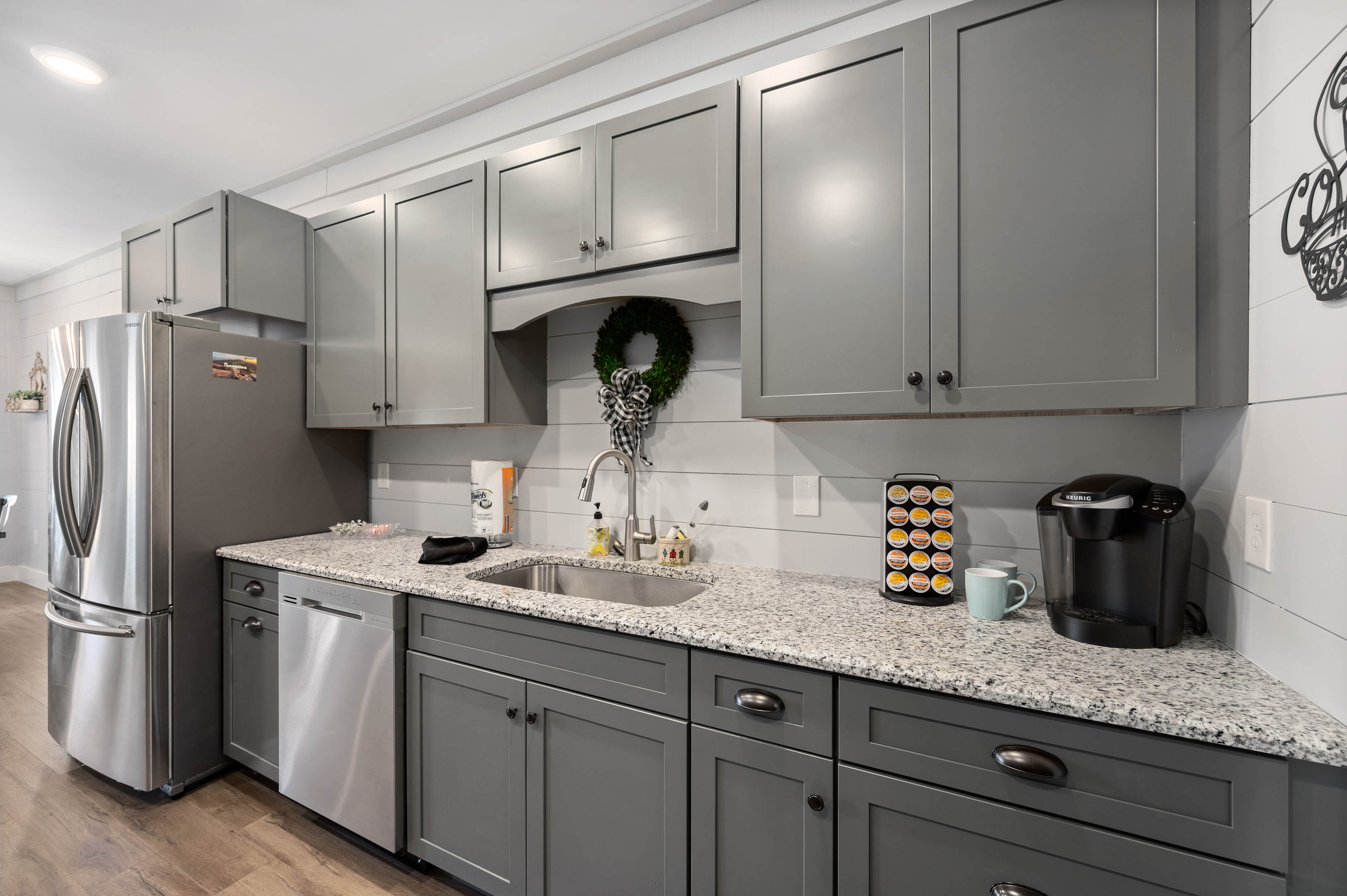 Kitchen with Keurig and Kcups, drip coffee maker also provided
