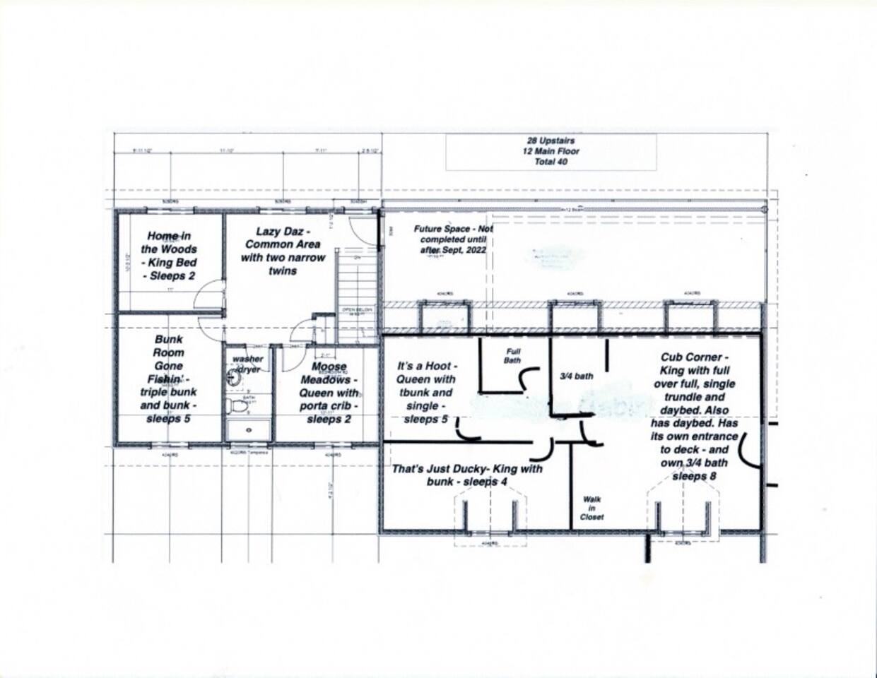 The 2nd floor has a total of 6 bedrooms and one open area with two narrow twin beds.  There are three bathrooms and a laundry area.  
