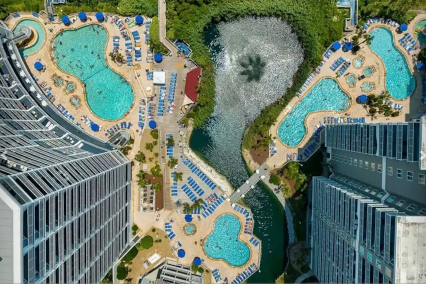 Overhead view of the resort and outside pools. There are indoor pools as well 