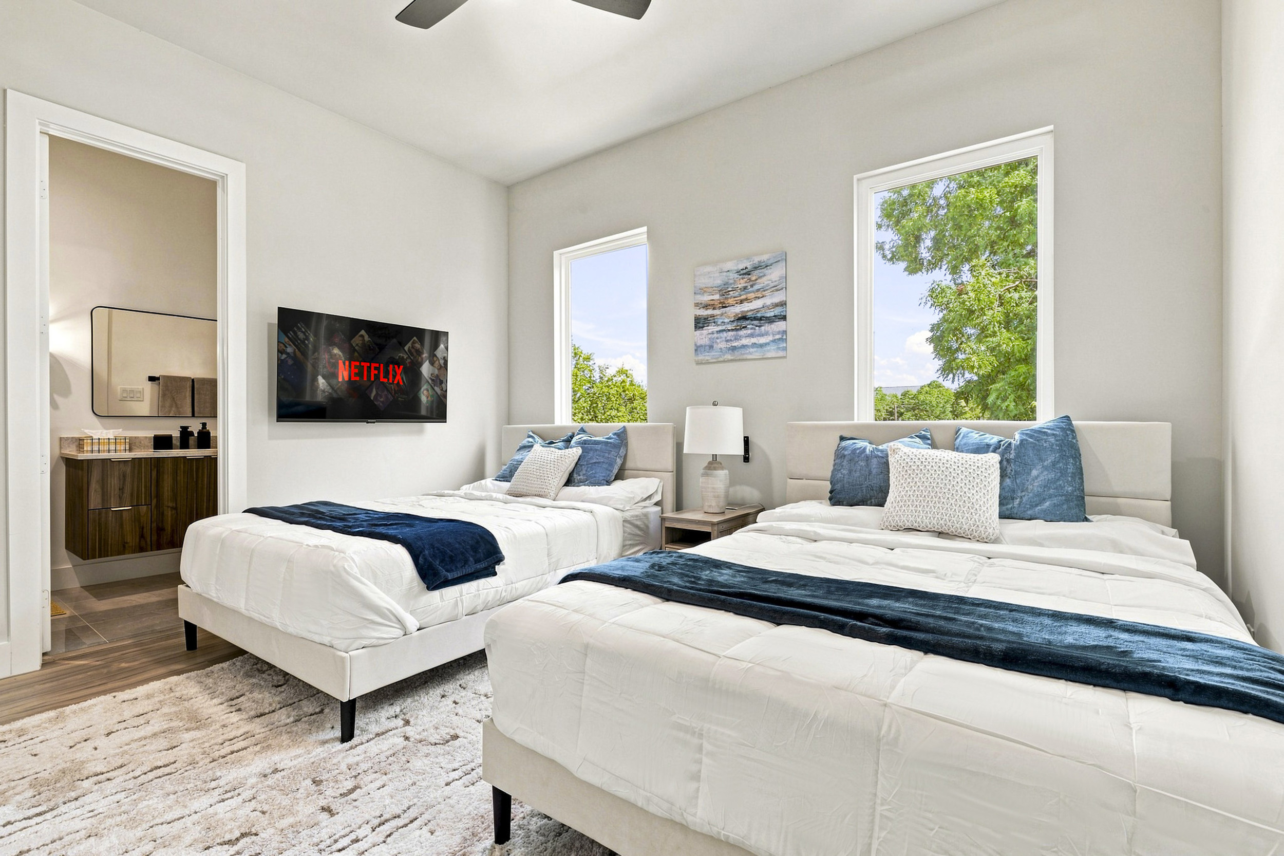 Bright and airy with comfy beds and a perfect Netflix view!