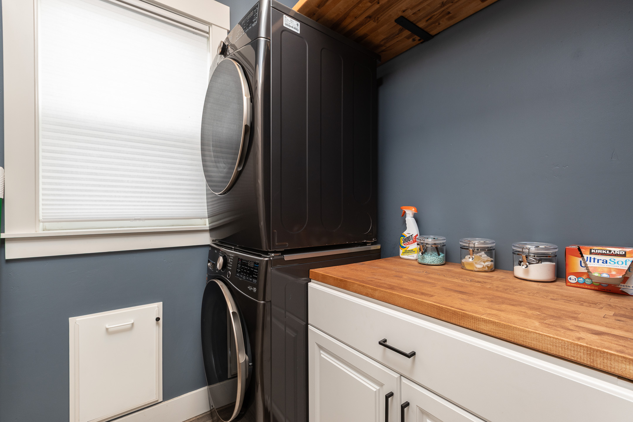 Laundry room downstairs with laundry pods, softener beads, and dryer sheets 
