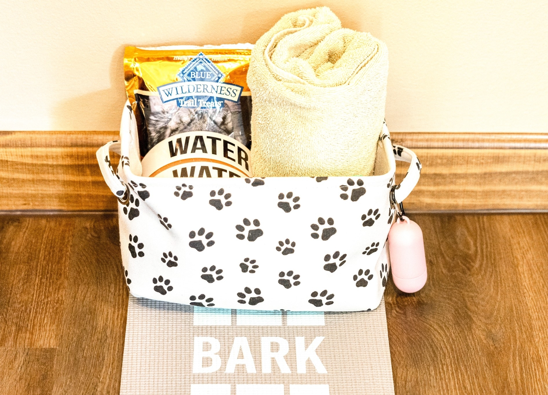We love dogs and have two porcelain bowls, poo pickup bags, poo can outside the door, and foot wiping towels for your fur baby.