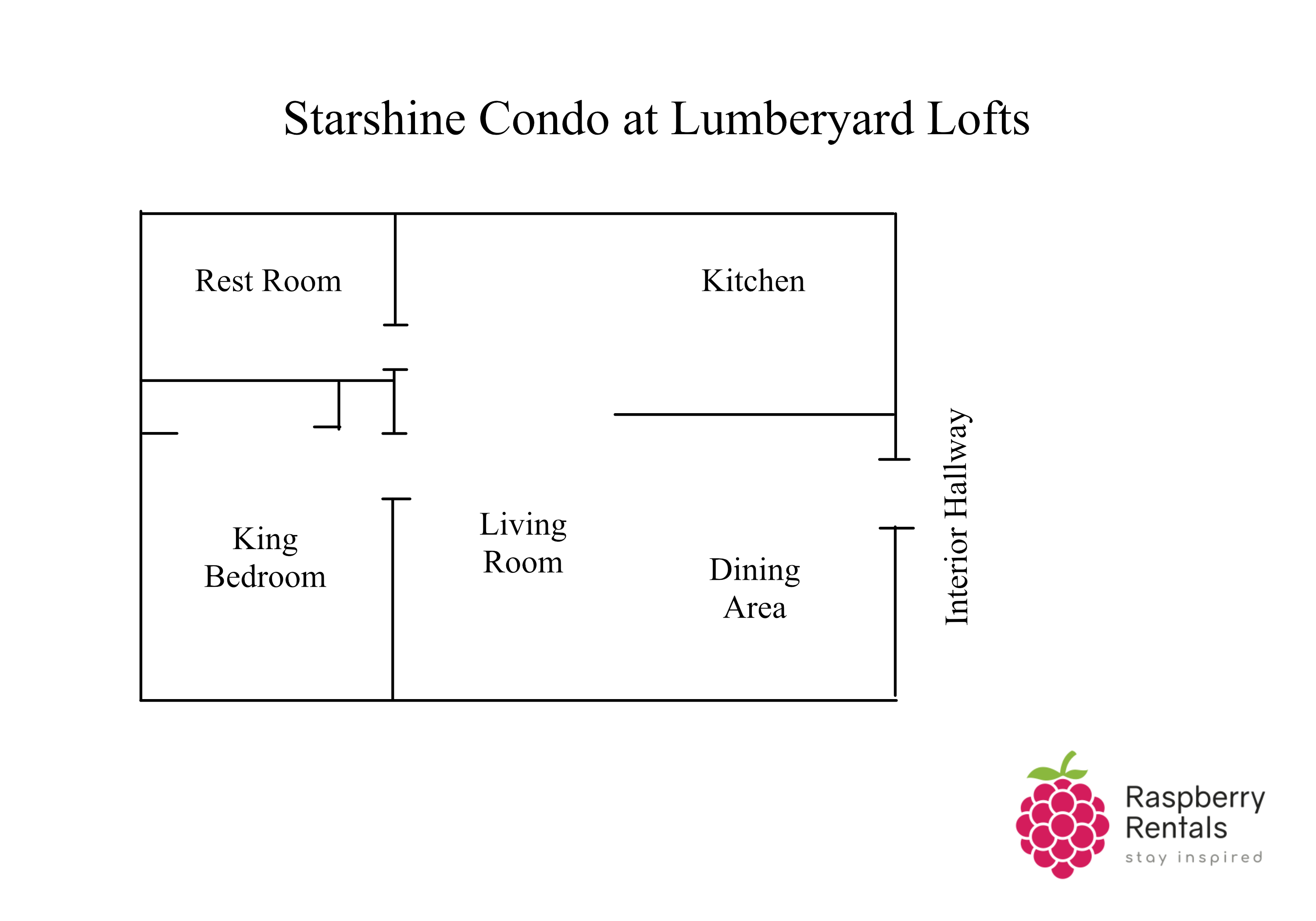Floorplan to Starshine Condo showing entrance into dining area, living room and open kitchen. King bedroom and rest room are opposite entrance.