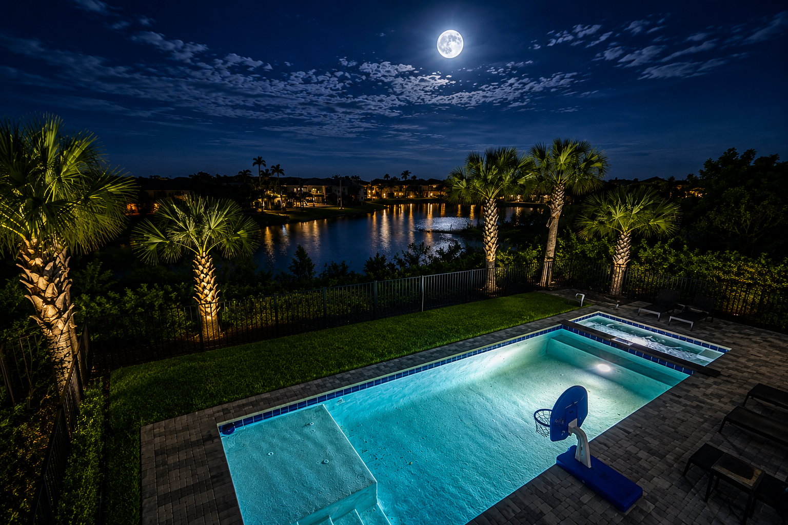 When the moon rises, the pool glows and the whole world goes still. Slip in for a late-night swim, count the stars with the kids, and watch the lake shimmer silver beyond the palms. These are the quiet, magical nights that stay with you forever.