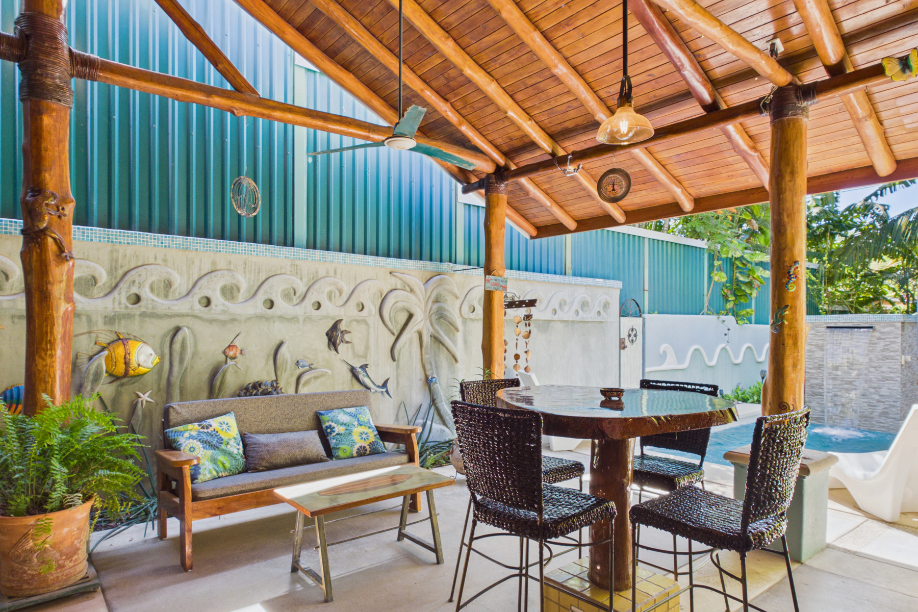 Sitting area and additional dining in huge outdoor rancho next to private pool.  Outdoor bluetooth speakers.  