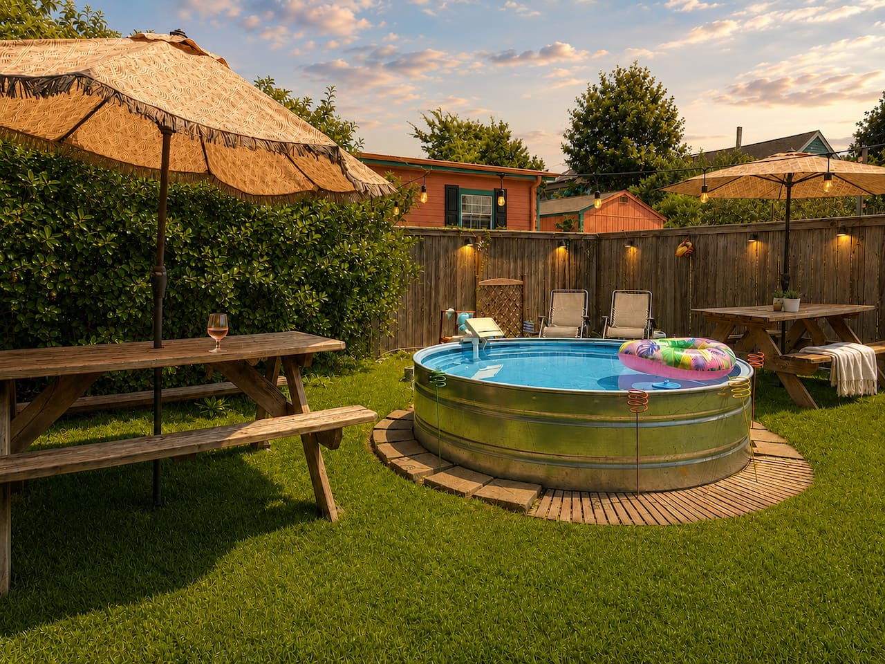 String lights, a bubbling cowboy pool, and a Meyer lemon tree — this backyard has magic written all over it. Gather around the table and settle in. The night can wait. Pool and yard are shared with the other half of the duplex when occupied.