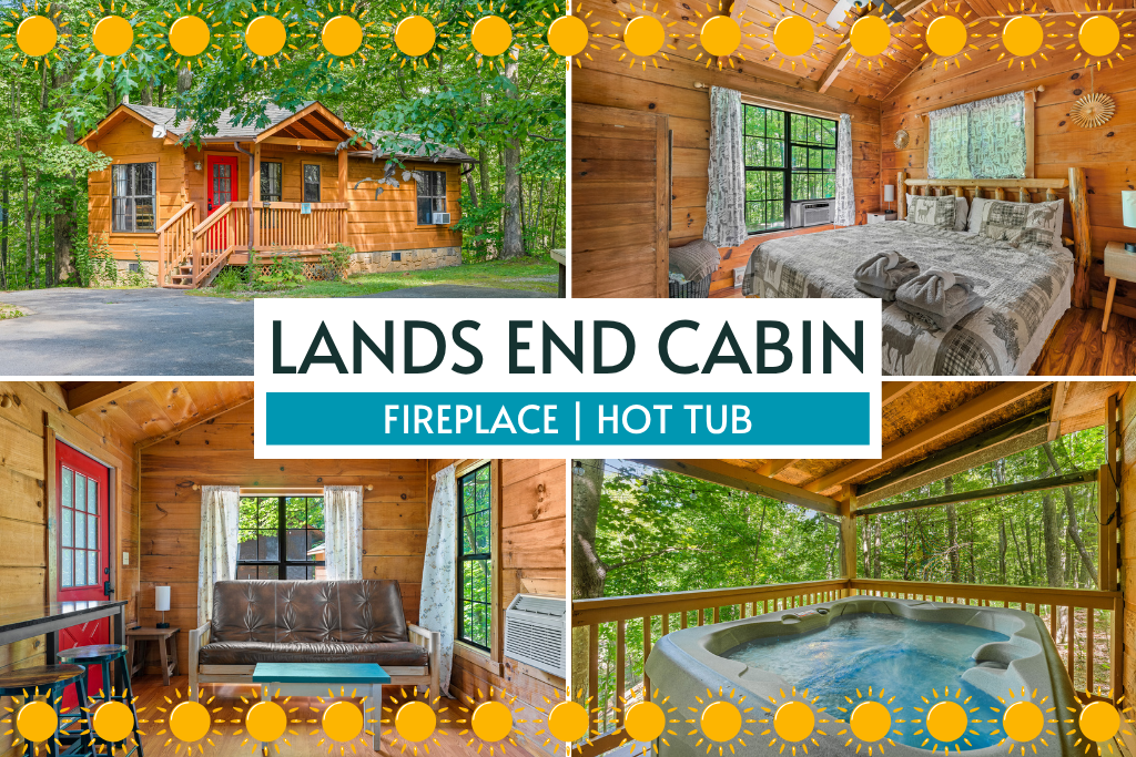 Escape to Lands End Cabin with a cozy fireplace, private hot tub, and classic log cabin charm—perfect for couples near Blue Ridge hiking trails.