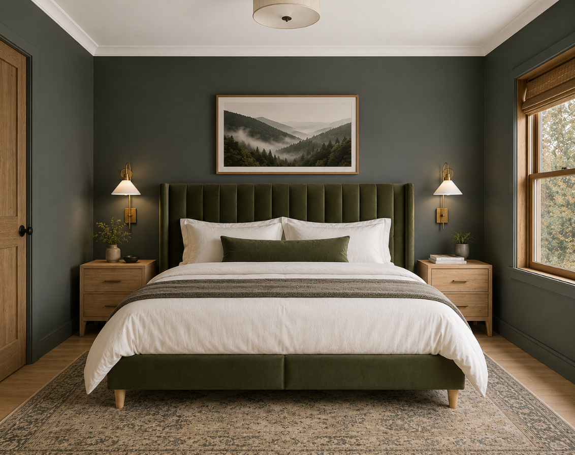 {Bedroom 4} Warm tones, soft lighting, and woodland-inspired décor create a cozy retreat where you can recharge after a day of adventure.
