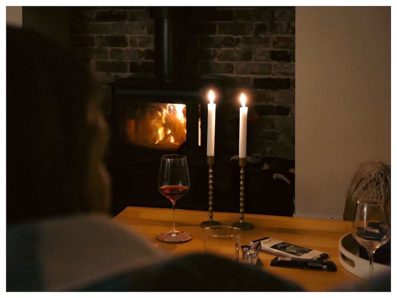 Wood burning fireplace for the winter. Fire guard available