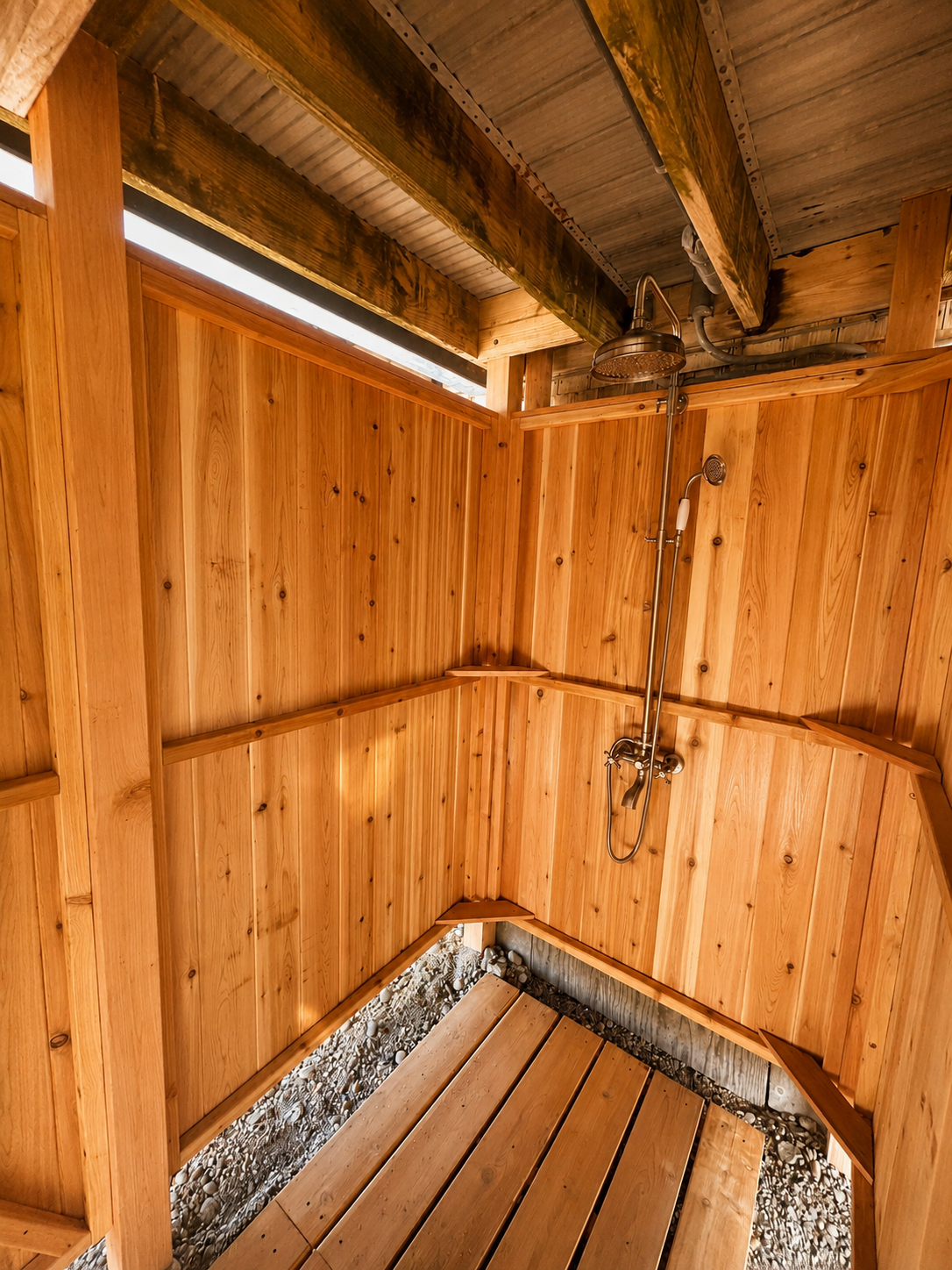 Convenient enclosed outdoor shower provides a refreshing rinse after swimming and beach adventures.