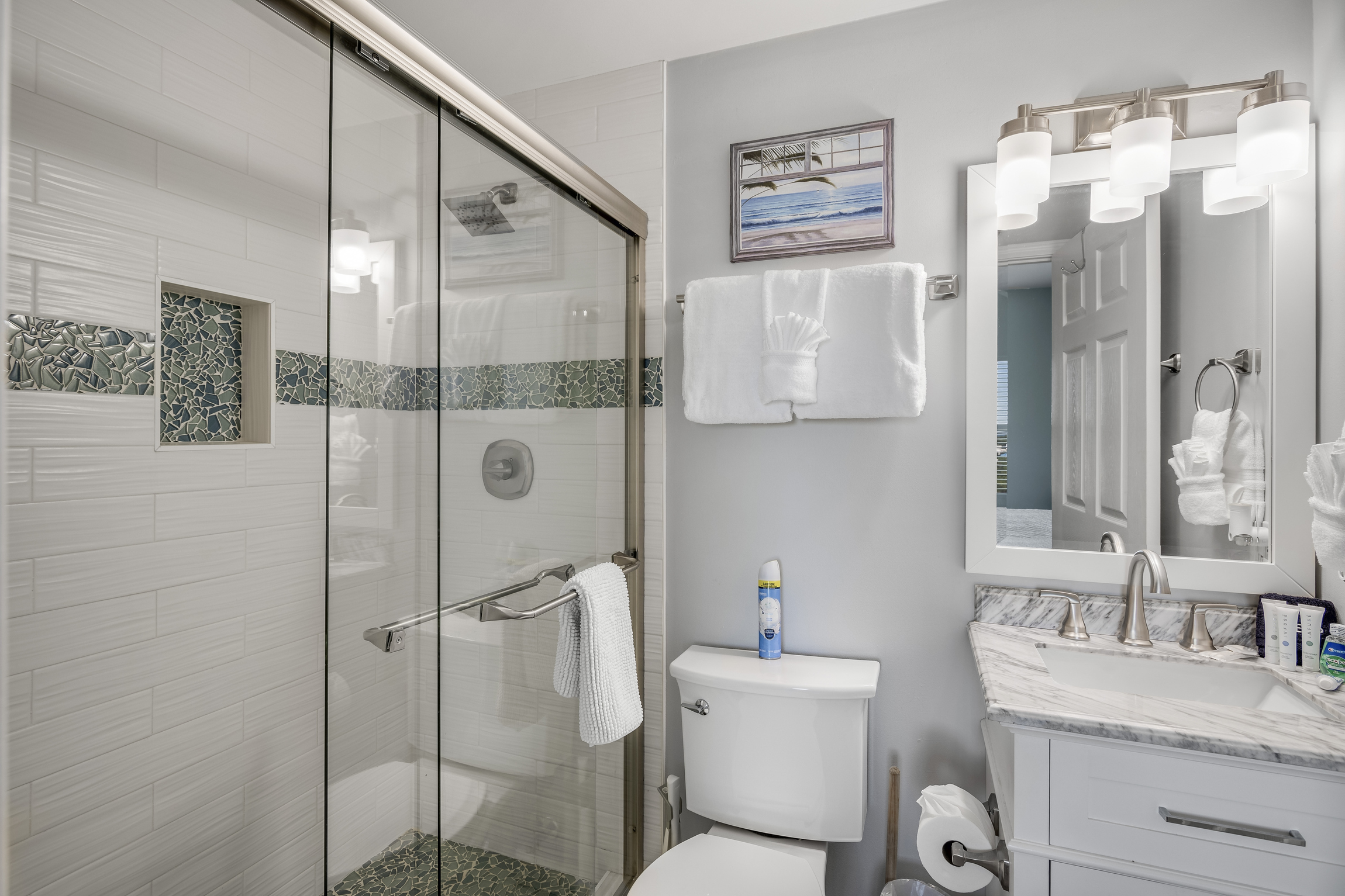 King Guest Room has private bathroom with remodeled walk in shower