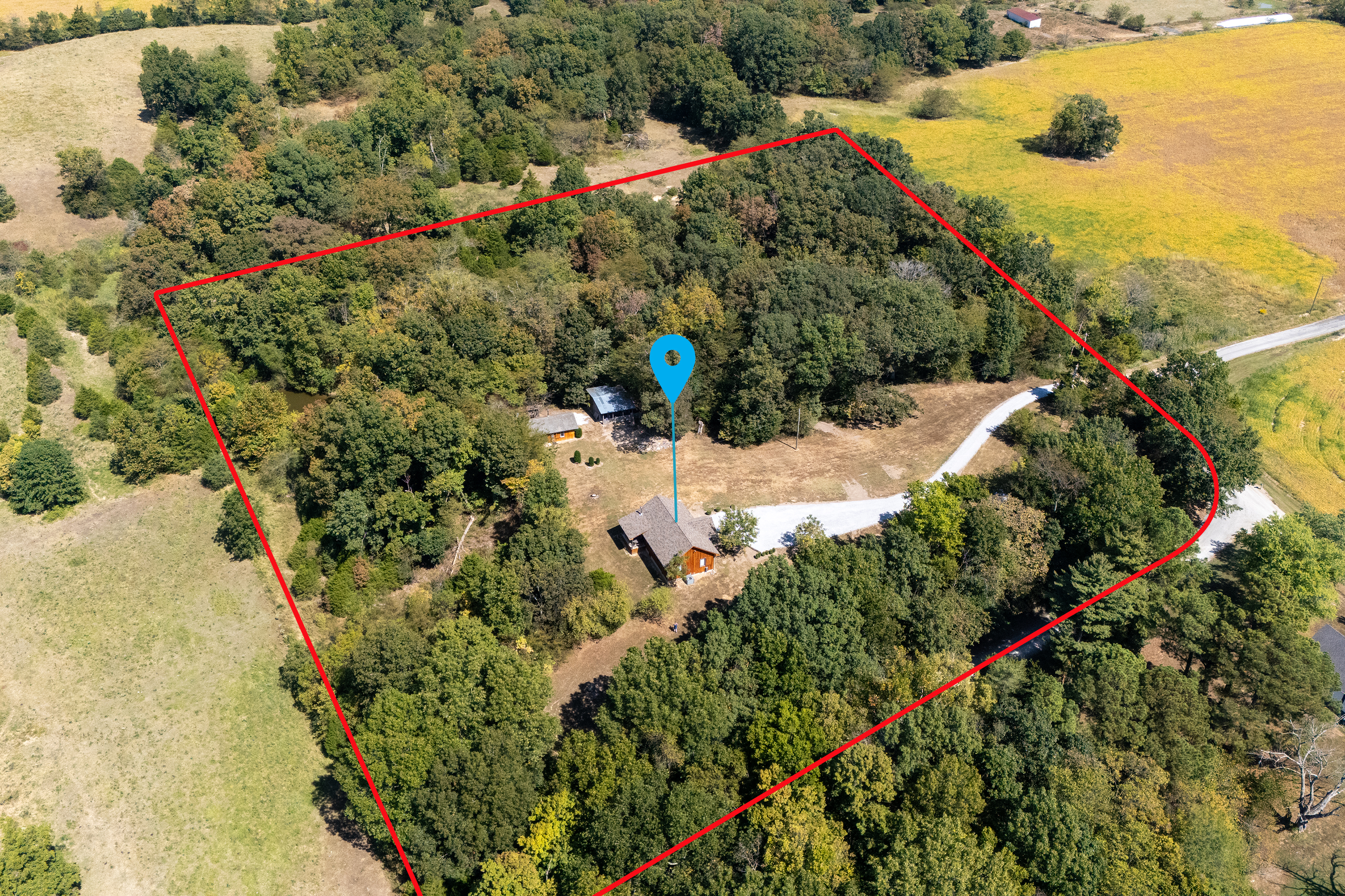 Bird’s-eye perspective of the cedar home nestled among trees and open land.