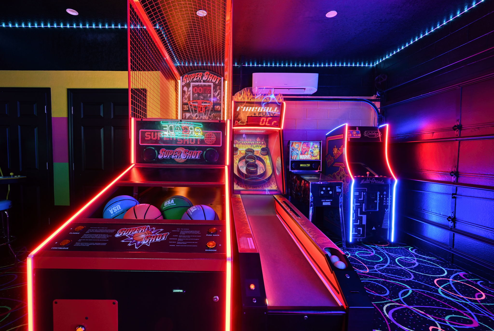 Hours of fun with Skee Ball, Basketball, Ms. Pac-Man and Marvel Pinball games