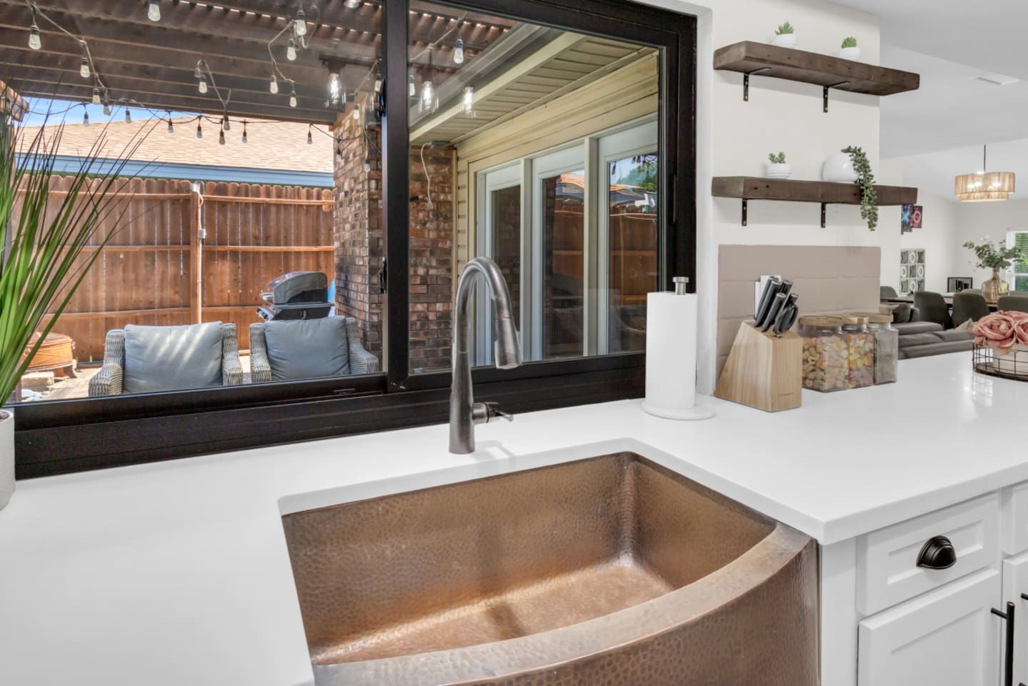 Expansive, modern kitchen with plenty of counter space and room for group cooking