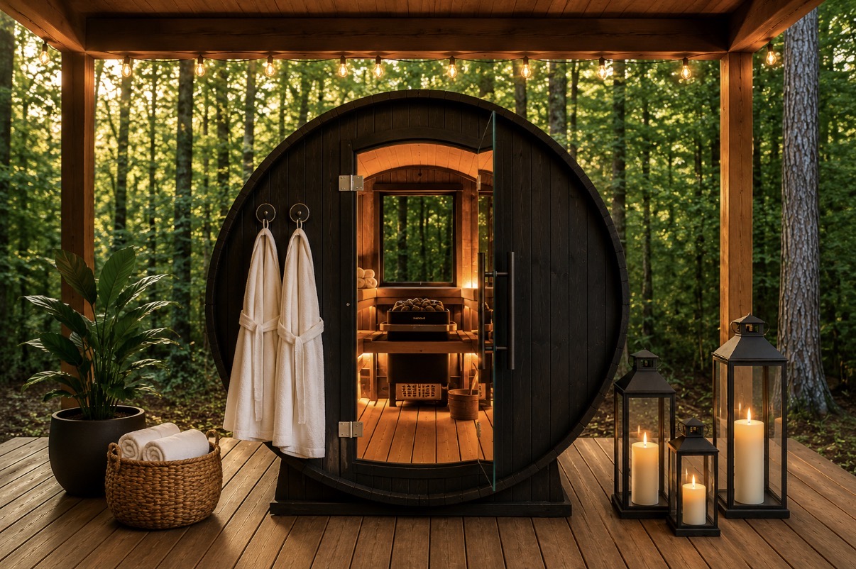 After long days at the lake, afternoons by the pool, & slow mornings filled with movement and yoga on the turf, The Reset Corner is the perfect place to unwind in the sauna beneath the pines.