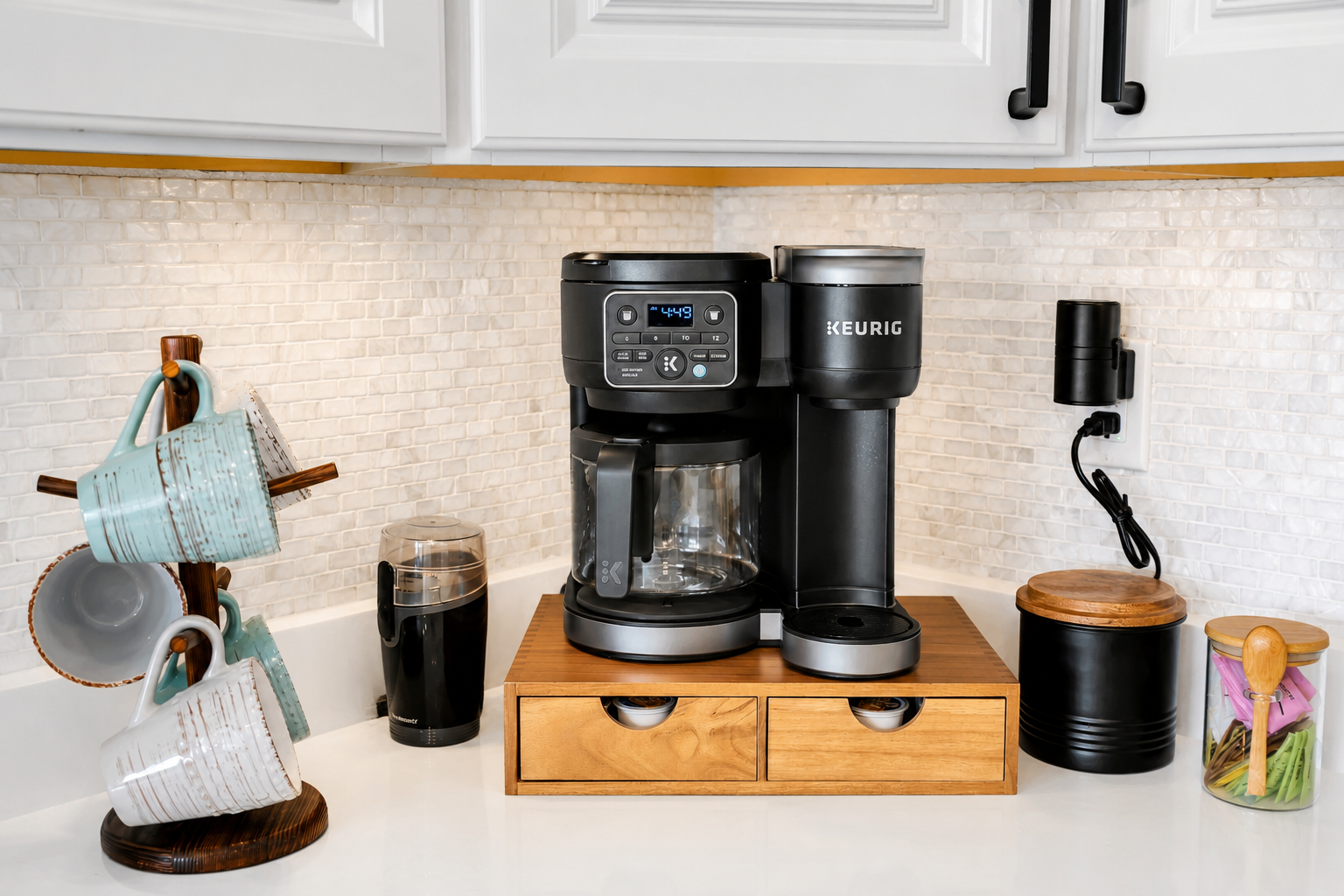 Start slow with the coffee bar already set up for you. Grind the complimentary local beans or enjoy fully stocked k-cups, fill your mug, and take it straight out to the porch.