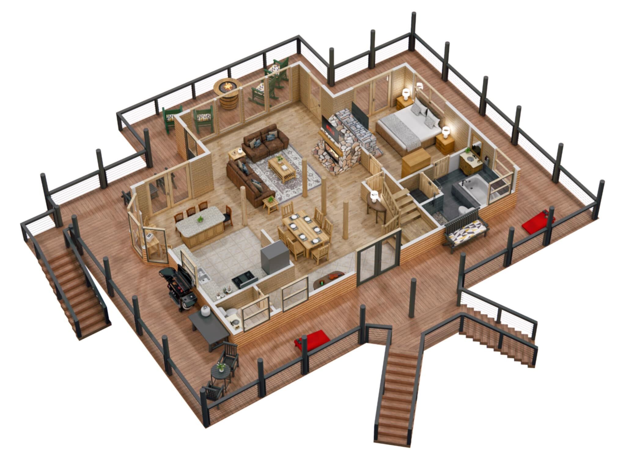 Get a bird's-eye view of our cabin's layout! This floor plan showcases the well-appointed kitchen, inviting dining area, cozy living room, and comfortable bedrooms. Your perfect vacation starts here.