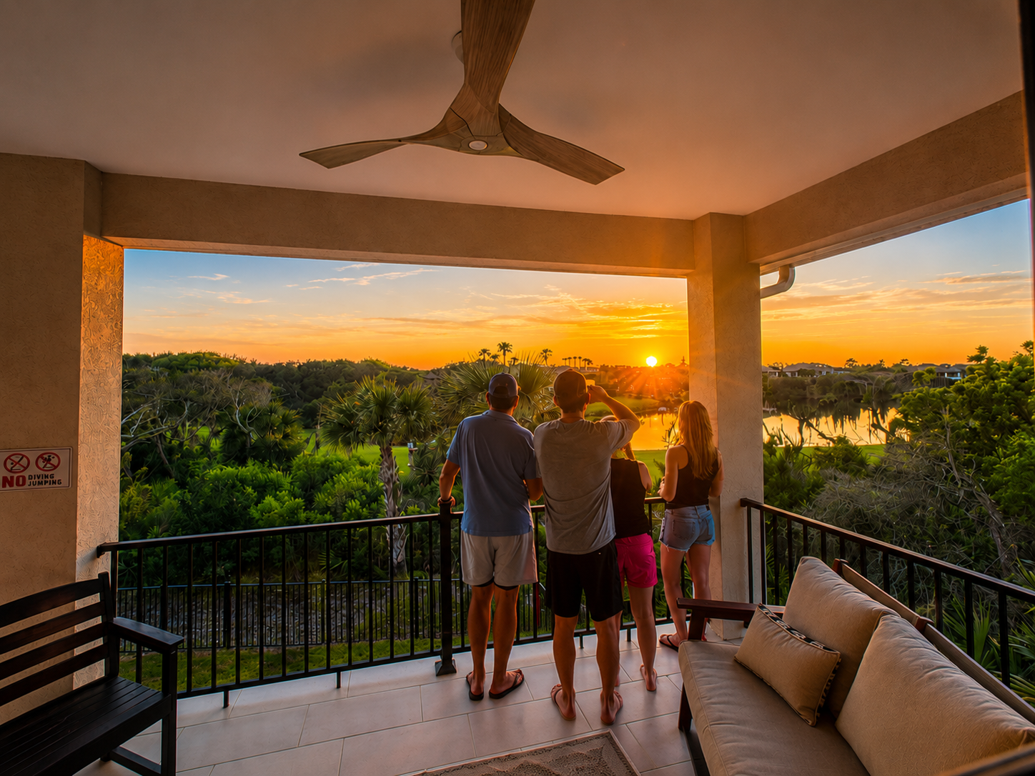 This—right here—is why you came. The whole family gathered on the balcony, golden light on your faces, the day melting softly into the horizon. Cameras out, arms around shoulders, no one wanting to move: the kind of evening you'll remember forever.