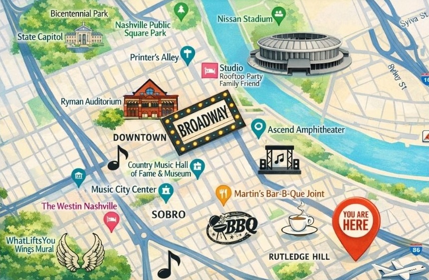 Located near SoBro, Soul Train Nashville offers quick access to Broadway, live music venues, the Country Music Hall of Fame, Ryman Auditorium, Nissan Stadium, Ascend Amphitheater, and popular Nashville dining spots.