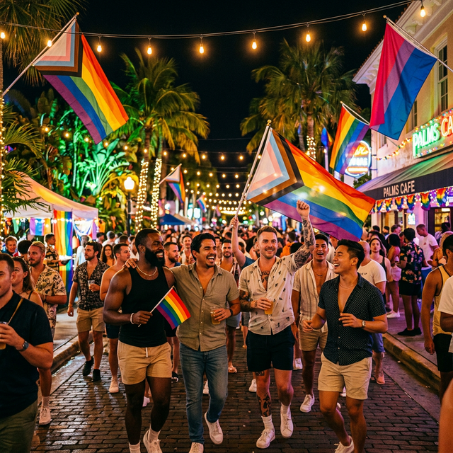 Vibrant nighttime street festival in Wilton Manors with pride flags and celebrating crowds