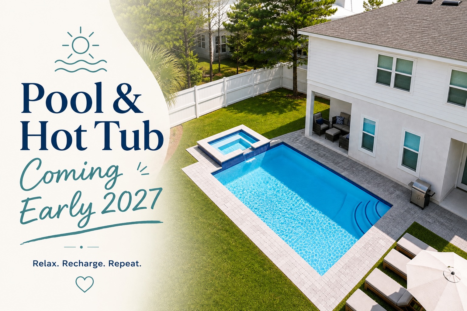 This image is a conceptual rendering provided by the construction company to illustrate the planned pool and spa. The completed project is anticipated before Spring 2027, and final details may differ slightly from this rendering.