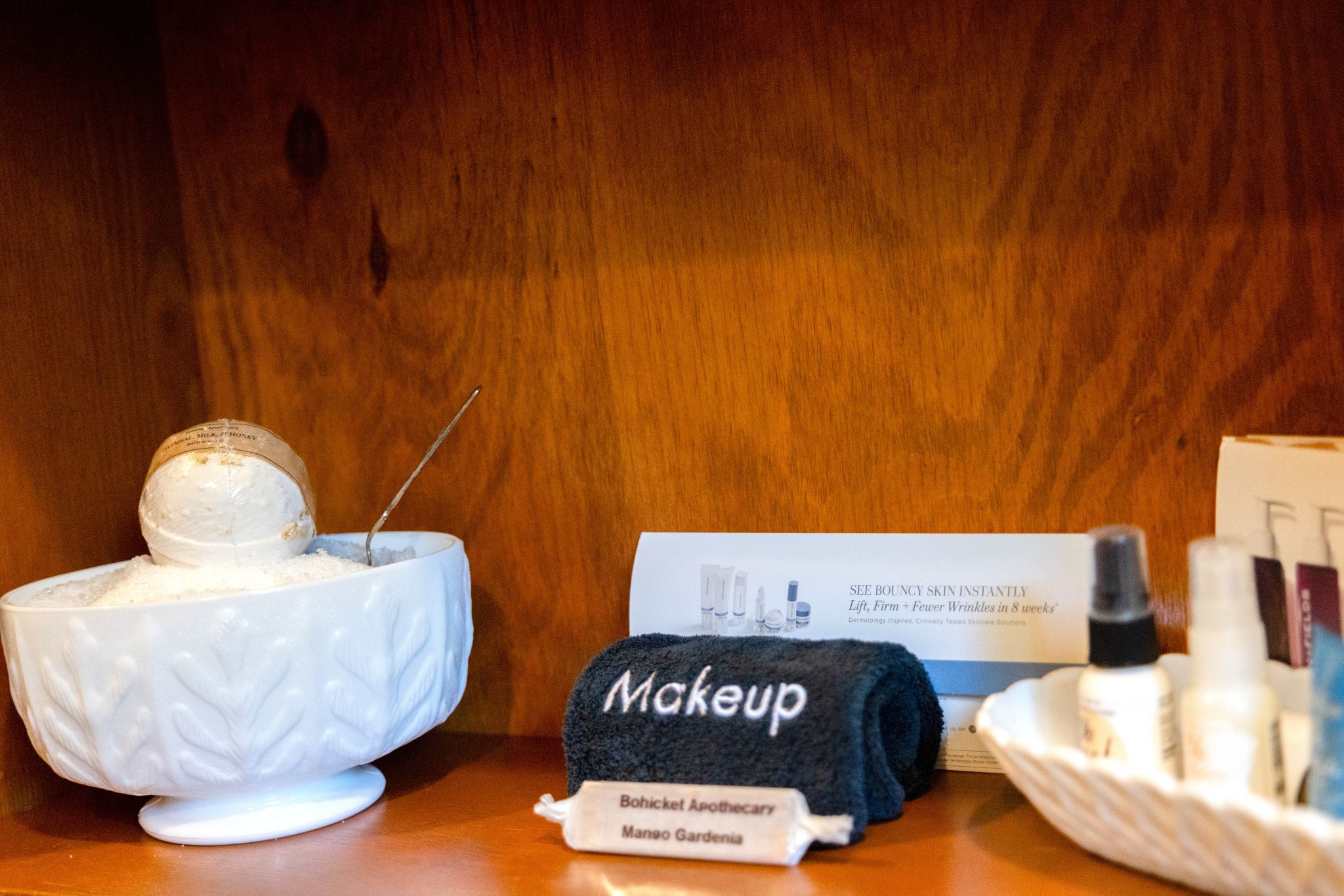 Thoughtfully curated Skyview Bathroom amenities at The Oasis Abingdon, Virginia. Bath salts and bath bomb, soft makeup towels, Bohicket Apothecary soaps, and curated skincare products for you to enjoy.
