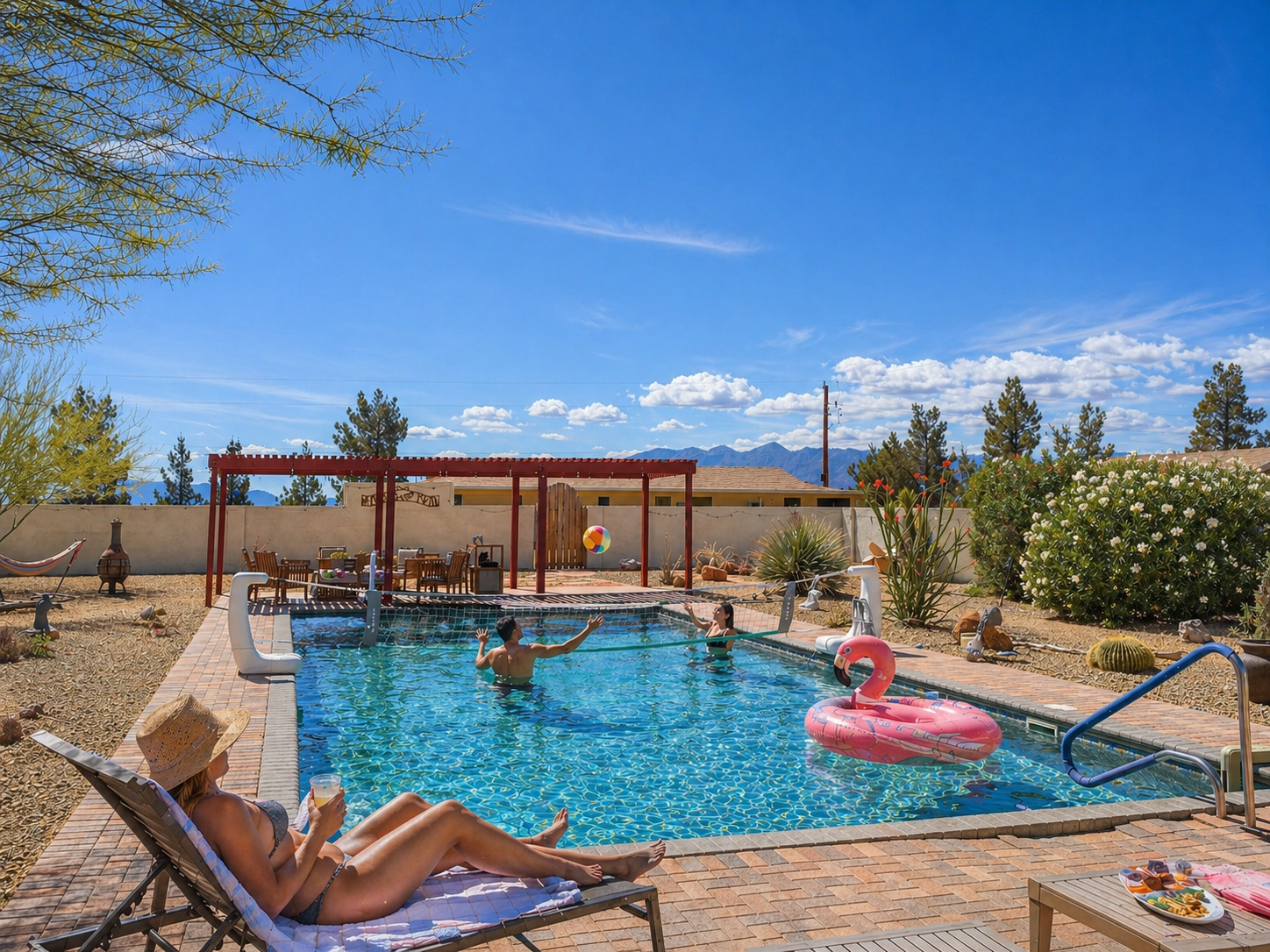 Desert days done right at Falcon Cottage—cool off in the pool, rally up a game on the new volleyball net, and unwind under wide-open mountain skies. This is where slow mornings turn into splash-filled afternoons.