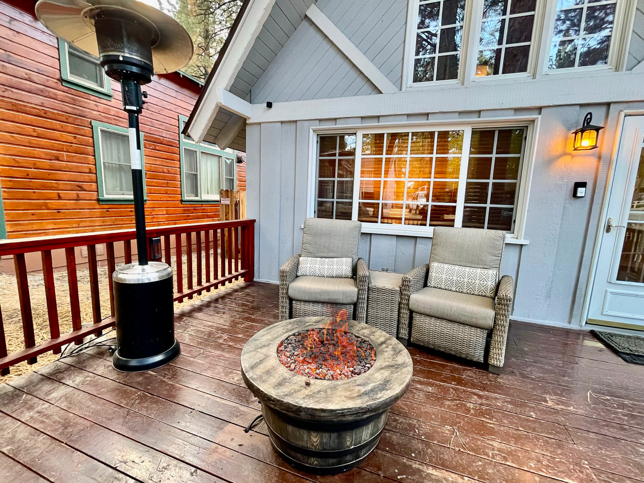 Gather round the fire at Pinecone Cabin