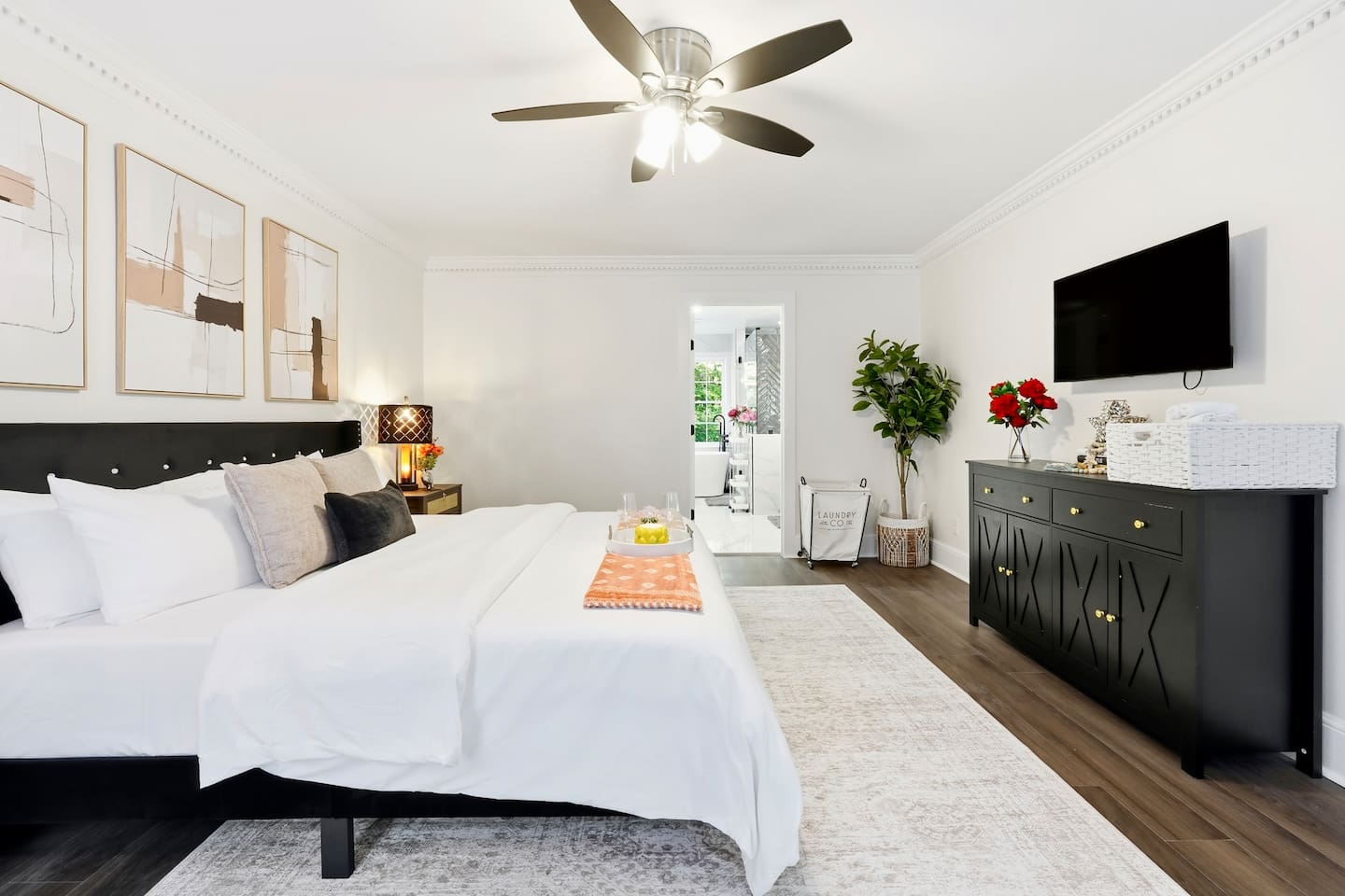 Spacious main-level master bedroom featuring a king bed, a Roku-powered Smart TV, and conveniently located to the left as you enter the home. This room includes 2 full-body towels, 2 washcloths, and 2 hand towels for your stay.