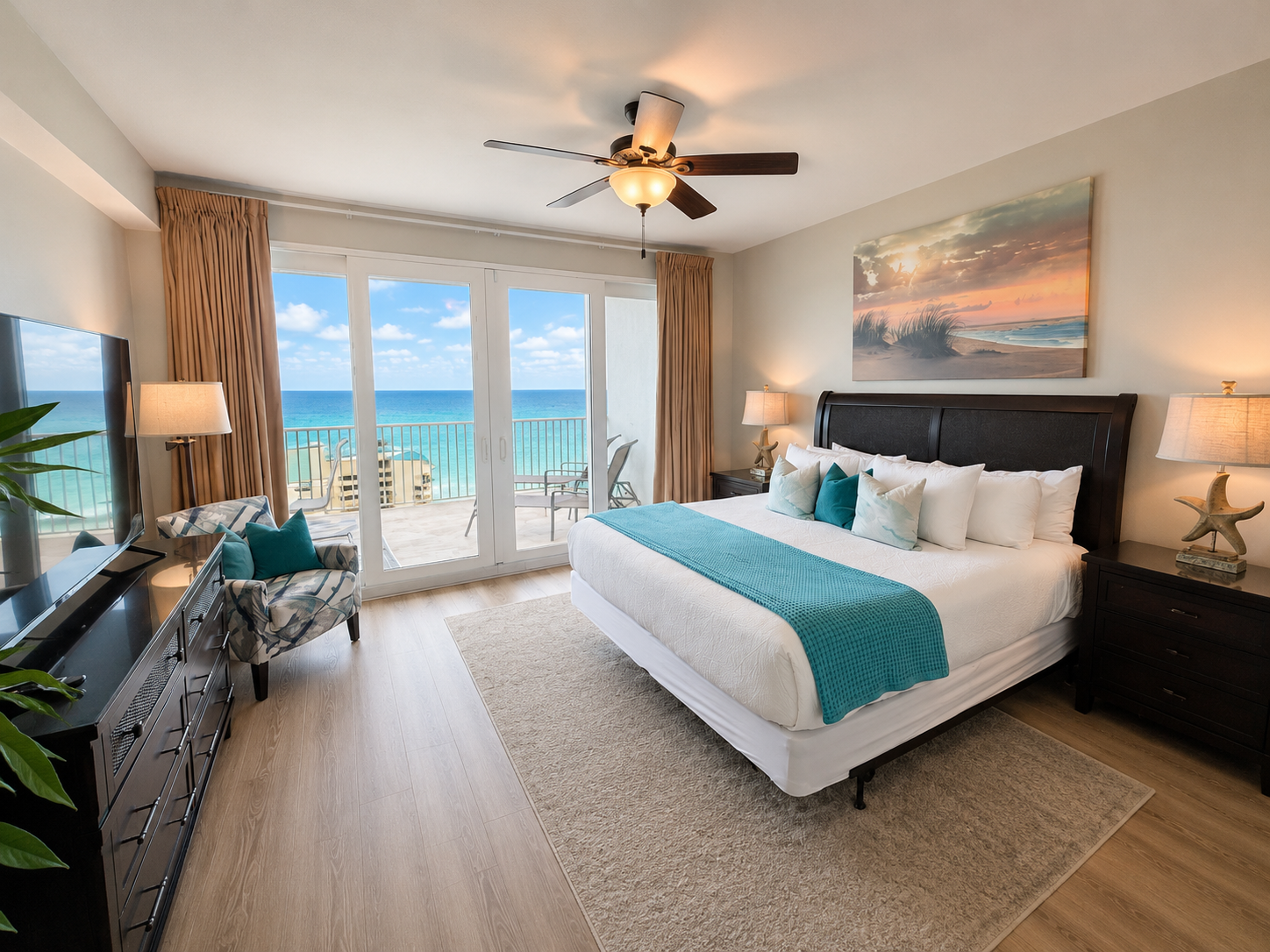 Master bedroom with balcony access and ocean views