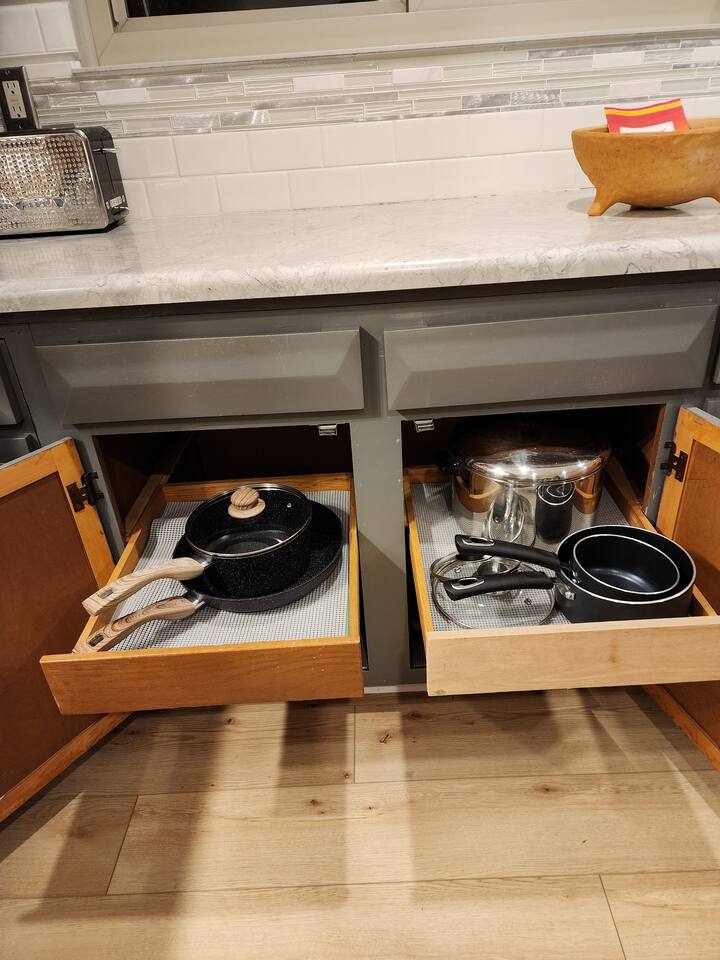 Pots and pans for cooking. 