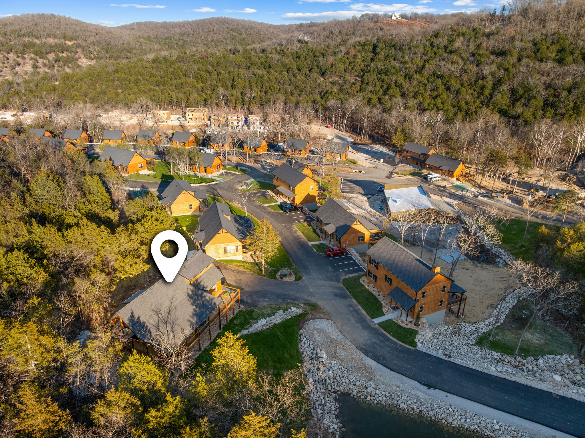 A quiet setting surrounded by trees and open space.