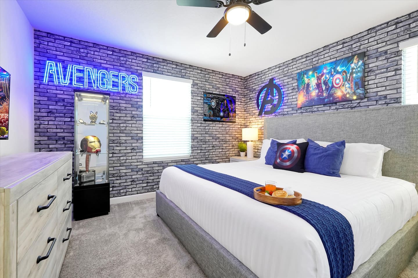 Avengers assemble in this themed bedroom, complete with Iron Man's heads up display, glowing artwork, and Avenger artifacts (please don't tell Dr Strange we have the Eye of Agamotto).