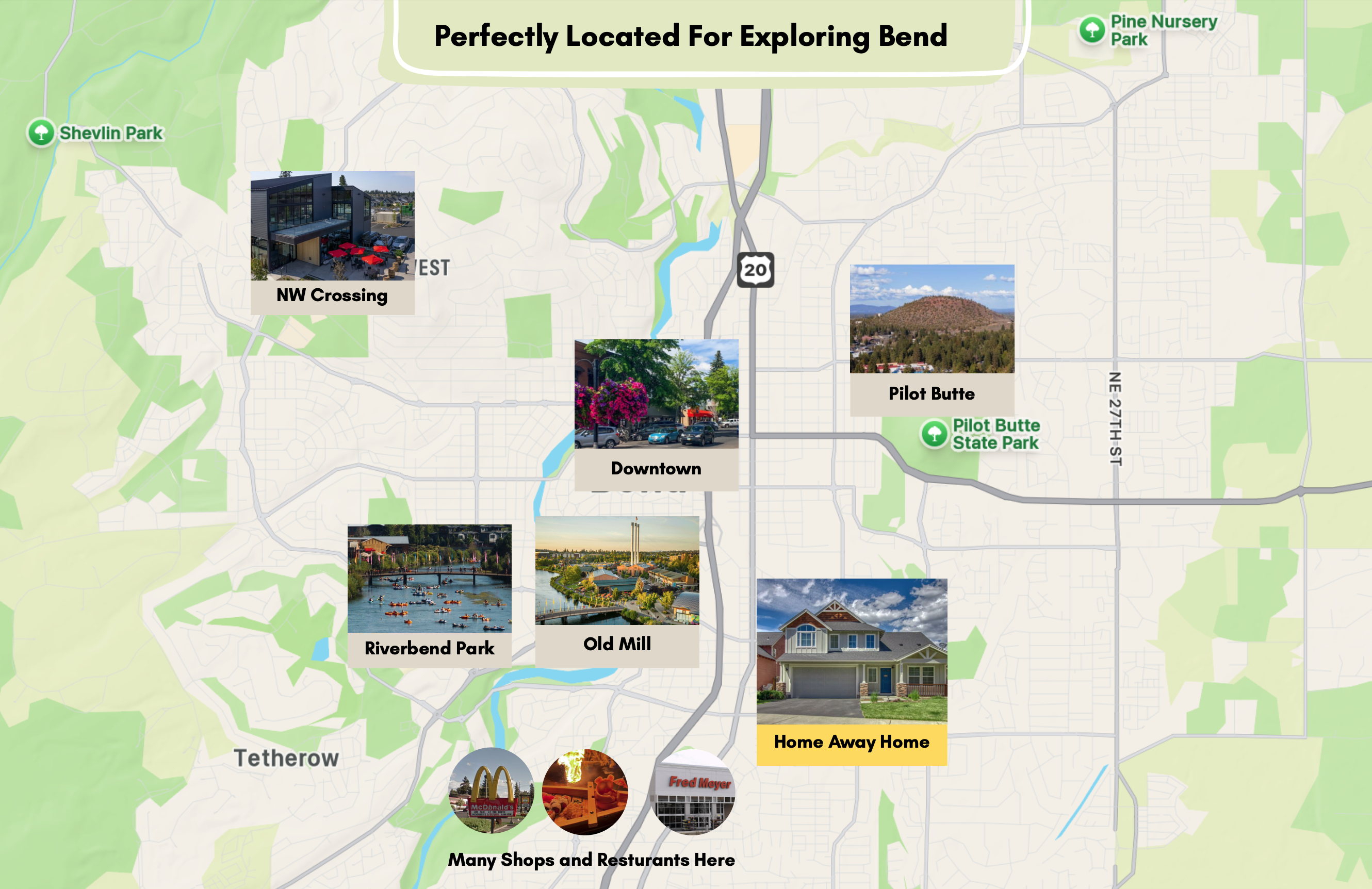 Our home is conveniently located for exploring Bend and Central Oregon, with quick access to shops, restaurants, major roads, and highways, plus an easy drive to Mt. Bachelor, Sunriver, Sisters, and Redmond.