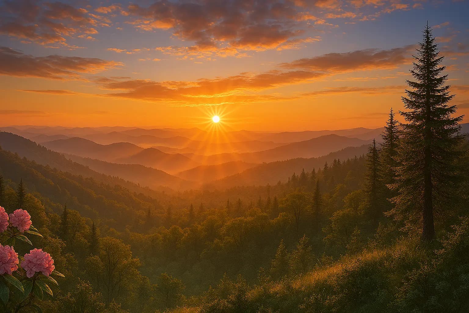 Stunning sunset over a long range mountain view set in the Smoky Mountains of North Carolina