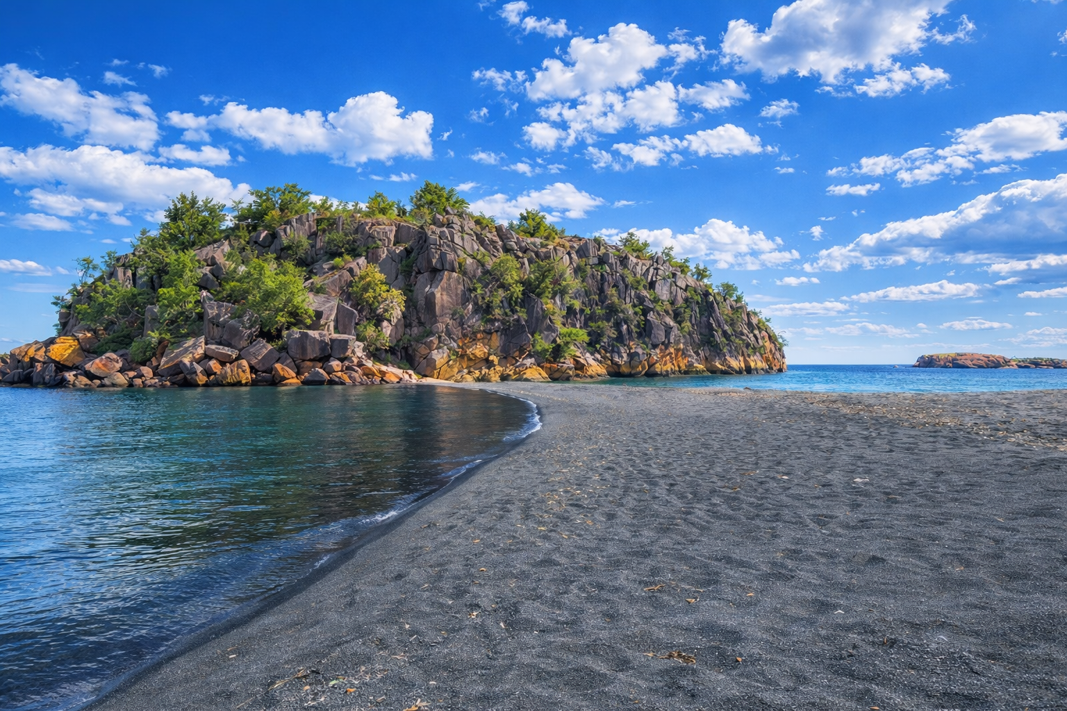 Black Beach in Silver Bay is a truly striking North Shore stop. Dark pebble-like sand meets the deep blue of Lake Superior in a way you won’t see anywhere else in Minnesota. The black “sand” comes from taconite tailings left from historic iron-ore mining.