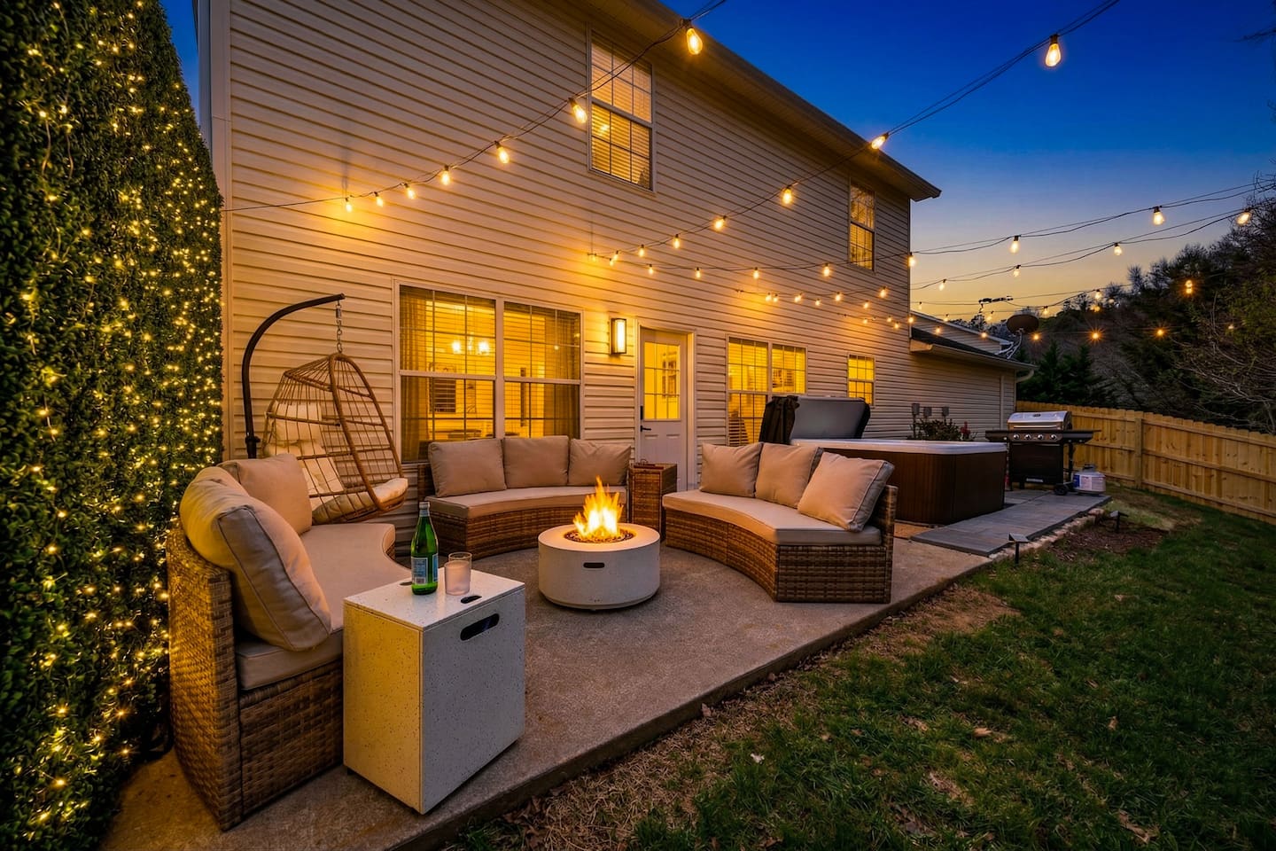 Cozy backyard oasis with a warm fire pit, string lights, and inviting lounge seating—plus a hot tub that is professionally cleaned after every guest for a fresh, relaxing experience.