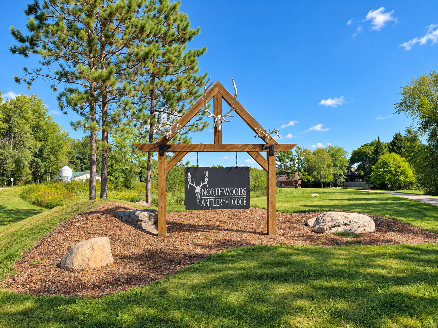 Welcome to Northwoods Antler Lodge and House, where rustic Northwoods character begins with our handcrafted wooden sign, antler décor, and peaceful landscaped setting in Birchwood, Wisconsin.