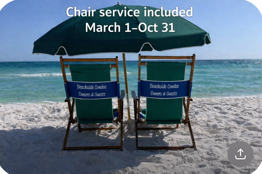 Enjoy complimentary beach chair service for two, with extra chairs and beach gear included for your stay.