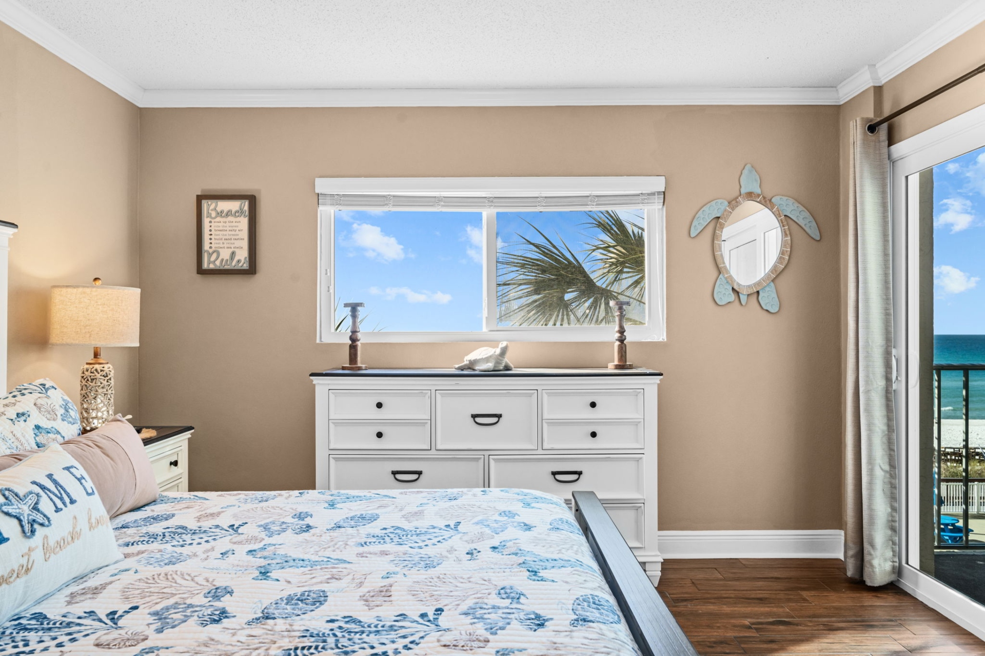 Master bedroom has a king bed, smart TV and ample clothing storage