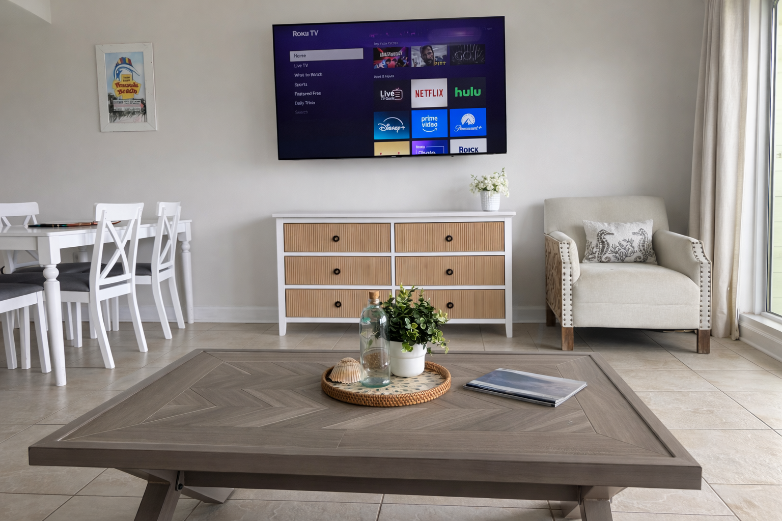 Bright coastal living room with smart TV