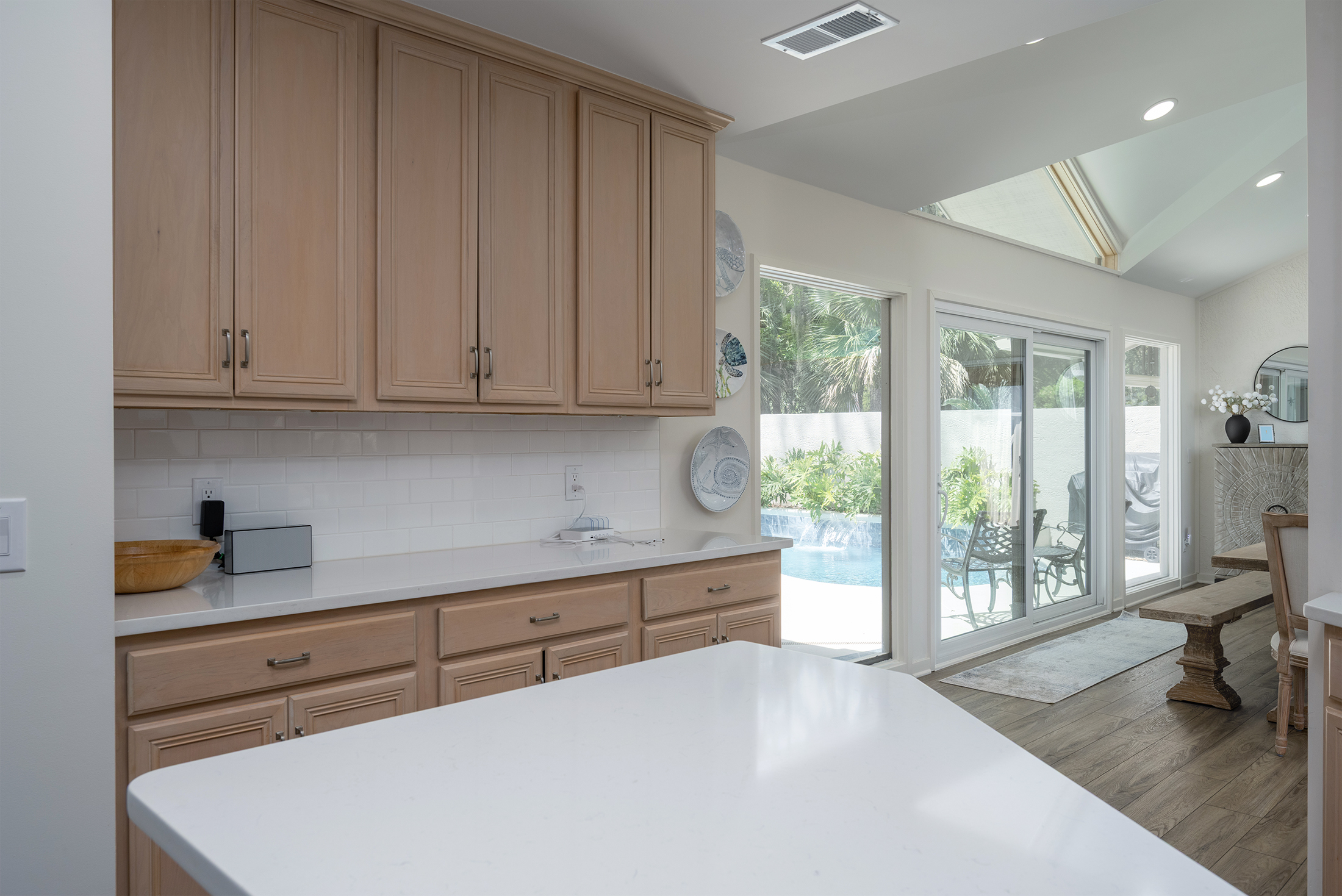 View out to the pool and dining area