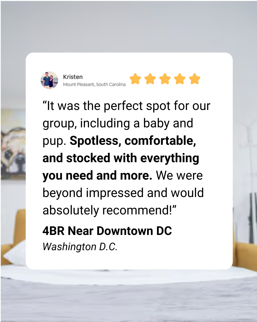 Here is a review from a recent group that stayed at our home