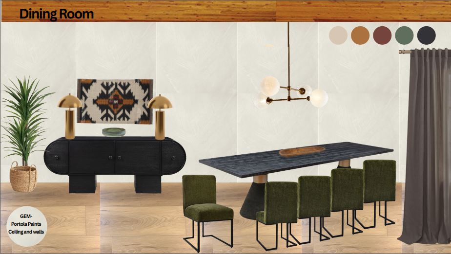 Stylish dining area with seating for eight, warm lighting, and modern Southwest flair.