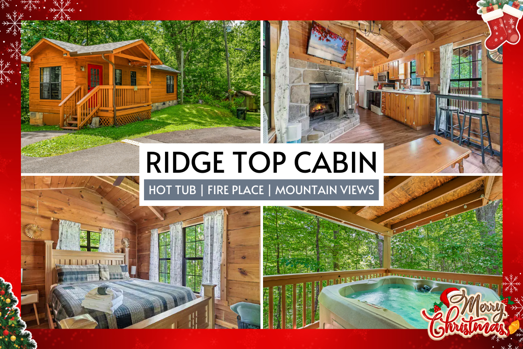 Stay at Ridge Top Cabin featuring a private hot tub, cozy fireplace, and sweeping mountain views. The perfect romantic getaway in the Smokies.