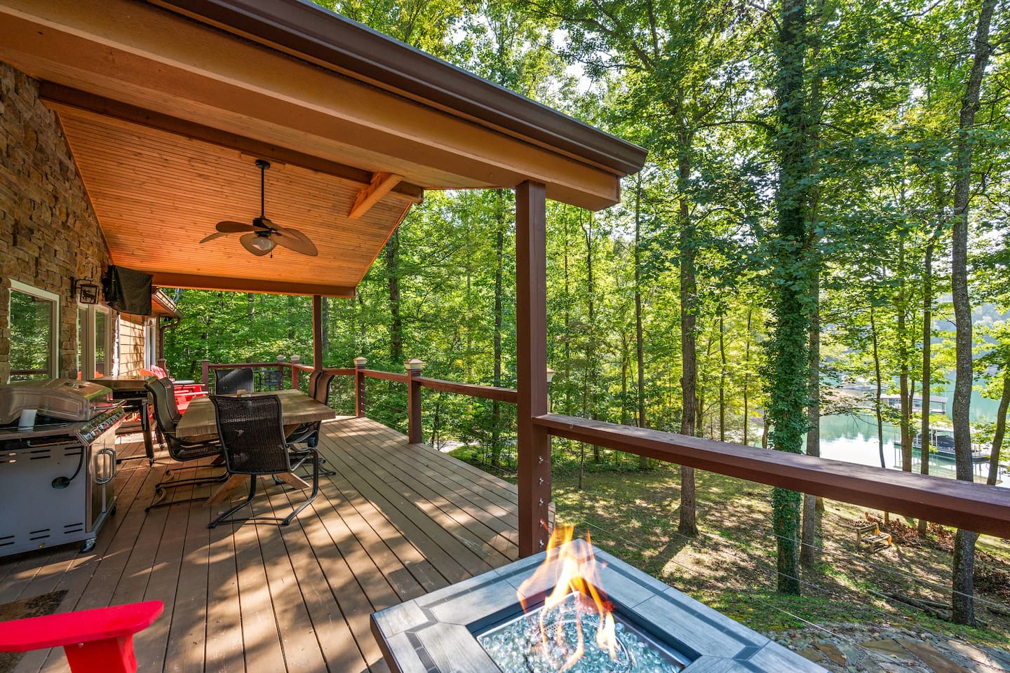 Gas firepit located on upper back deck