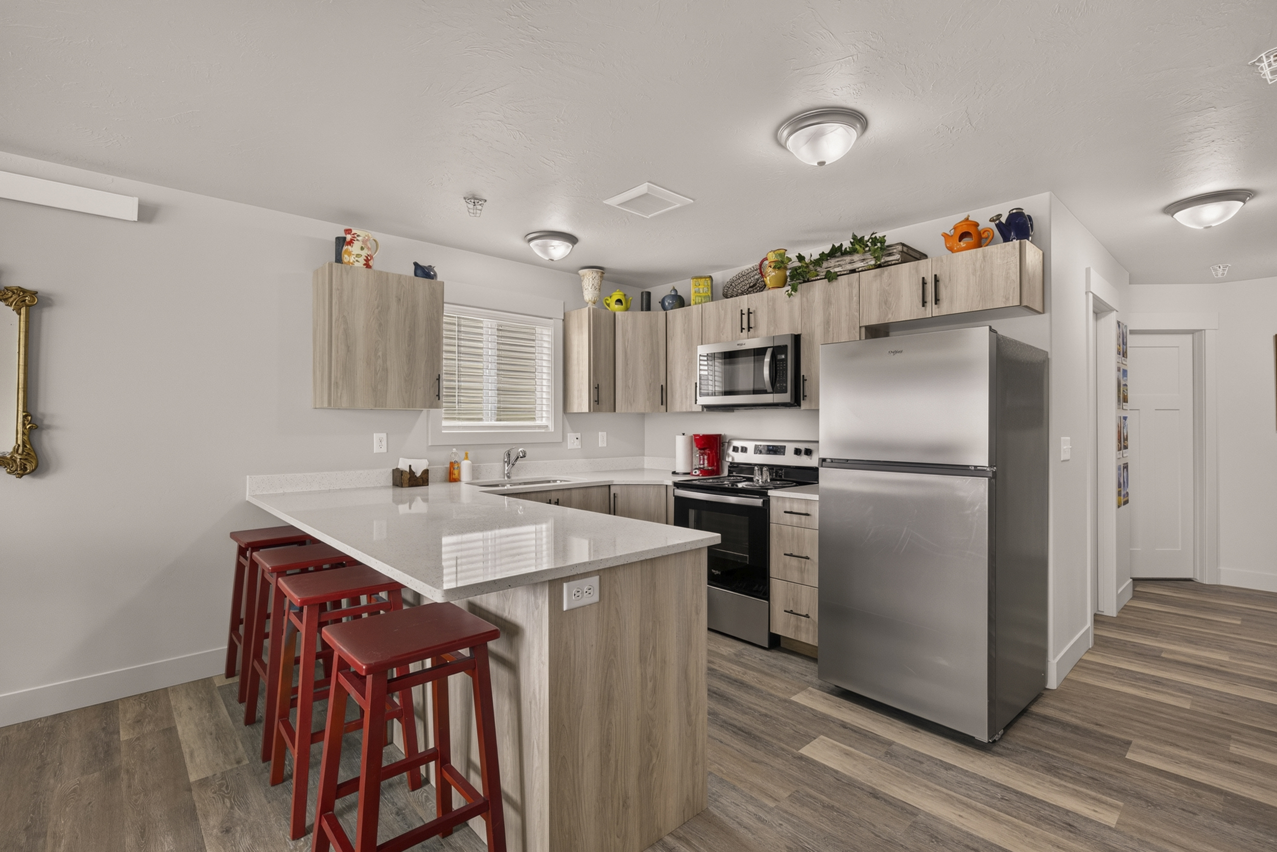 Kitchen and bar seating.