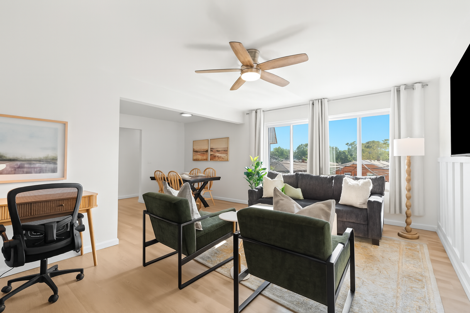 Multiple seating areas provide the perfect layout for gathering, lounging, or working remotely.
