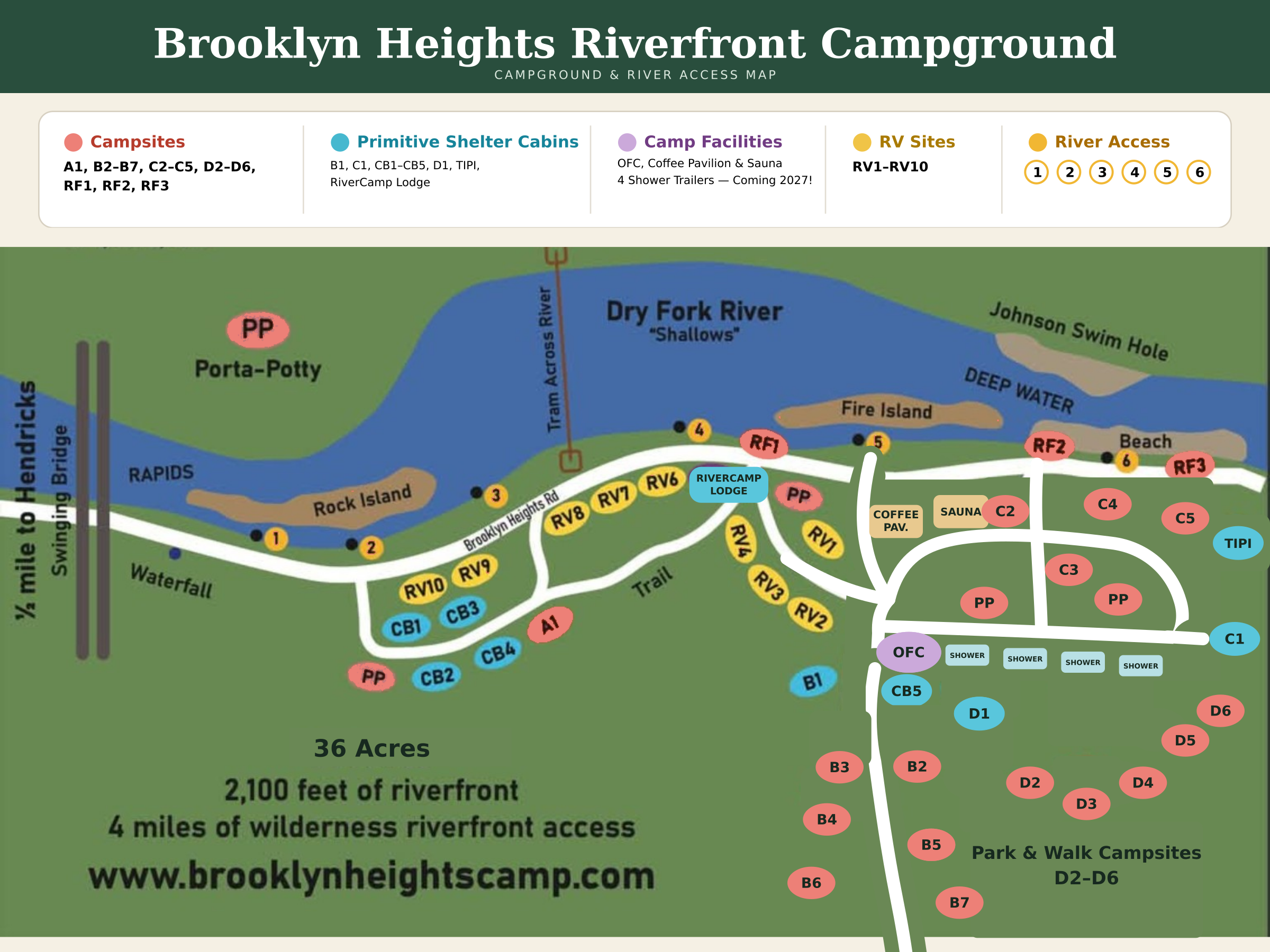 Brooklyn Heights Riverfront Campground site map — updated September 2026. Shower facilities shown are planned for 2027 and are not currently available.