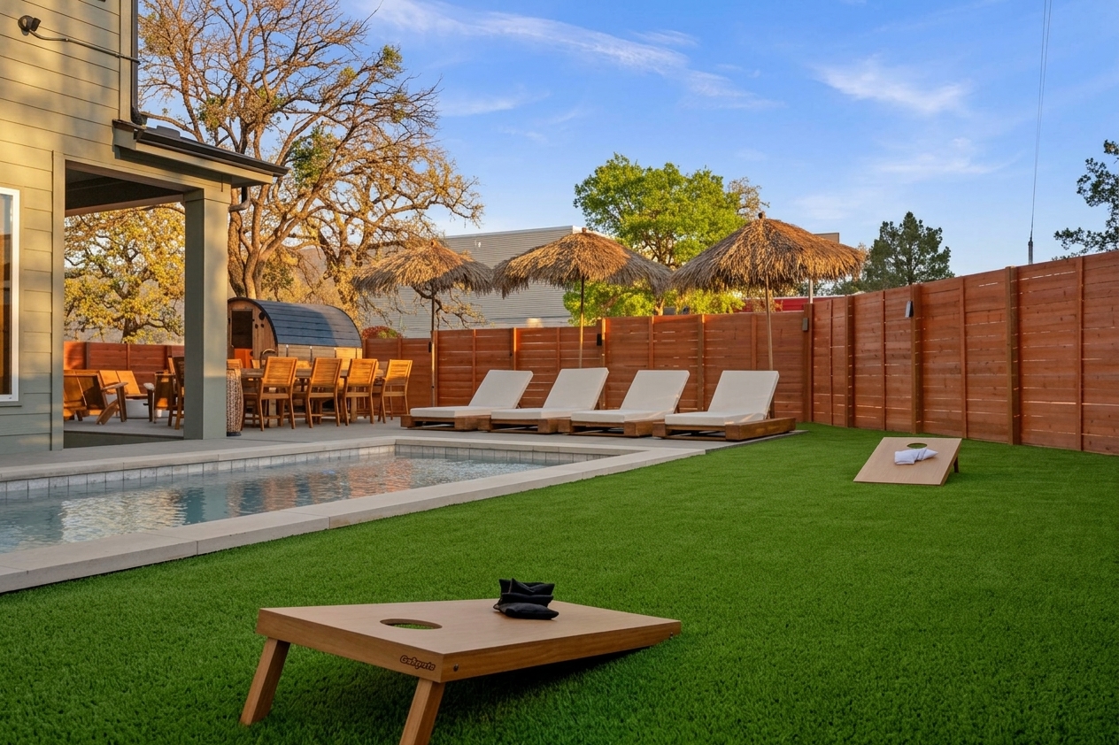 Spacious backyard with lounge seating and yard games—ideal for relaxing and group hangouts.